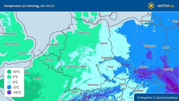 Die Grafik zeigt die Höchstwerte am Sonntag, 05.02.2023