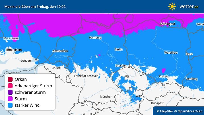 Maximale Windböen am Freitag, 10. Februar 2023 in Deutschland