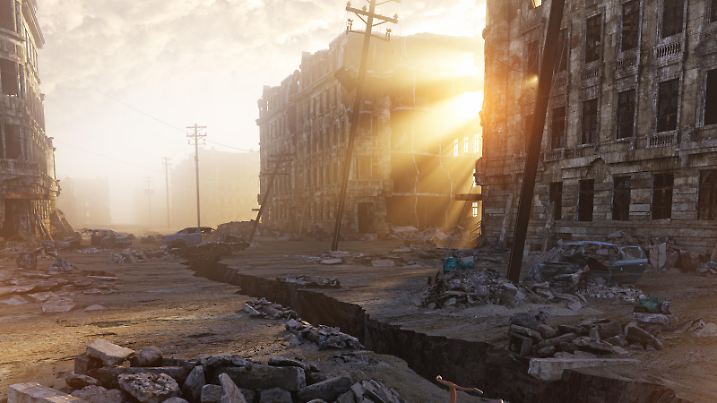 ruins of a city with a crack in the street. 3d illustration concept