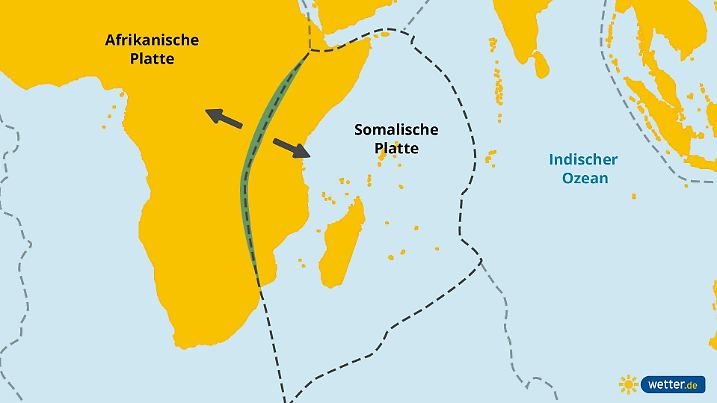 Afrika zerbricht in zwei Teile und ein Meer entsteht.
