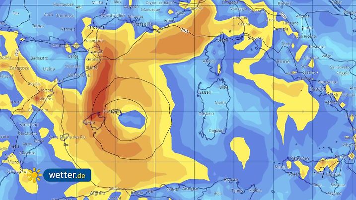 Berechnete Windböen für Dienstagvormittag, 28. Februar 2022, am westlichen Mittelmeer mit 120 bis 150 km/h vom Golf von Lyon bis zu den Balearen.