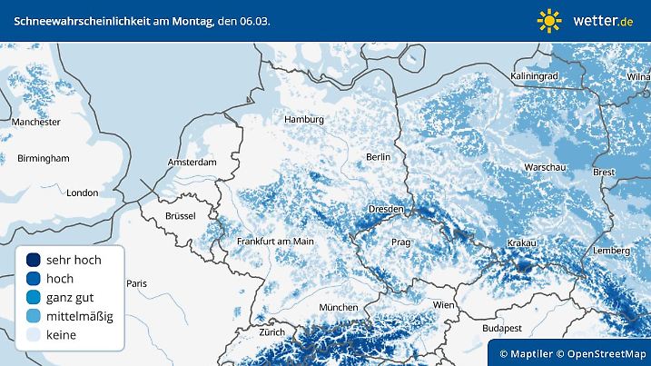 Prognose und Vorhersage Schneewahrscheinlichkeit für Montag, 06. März 2023