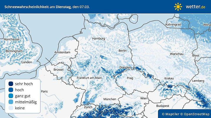 Vorhersage: Wahrscheinlichkeit für eine geschlossene Schneedecke in Deutschland am 7. März 2023