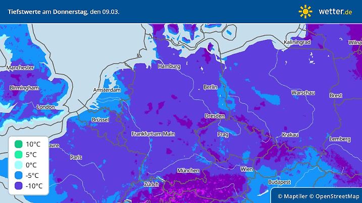 Prognose und Vorhersage der Tiefstwerte in der Nacht zum 9. März 2023