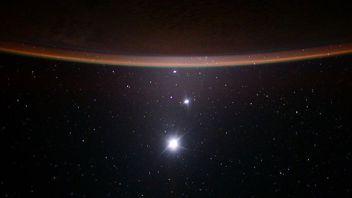 March 1, 2023, Space: Former NASA astronaut Scott Kelly snapped this photo of the Earth's crescent, the Moon, Venus, and Jupiter (from top to bottom) on August 6, 2015, while he was aboard the International Space Station. These celestial bodies have been quite close in the night sky; on March 1, 2023, Venus and Jupiter were nearest to each other. (Credit Image: © NASA/ZUMA Press Wire Service
