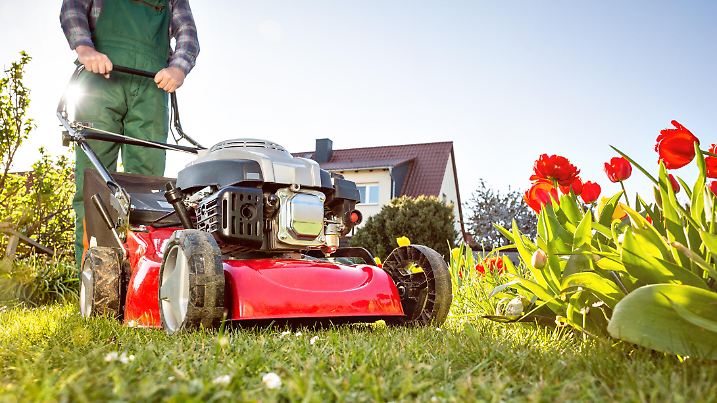 Lawn mower in a garden with green grass and red flowers. Sunny spring time weather.