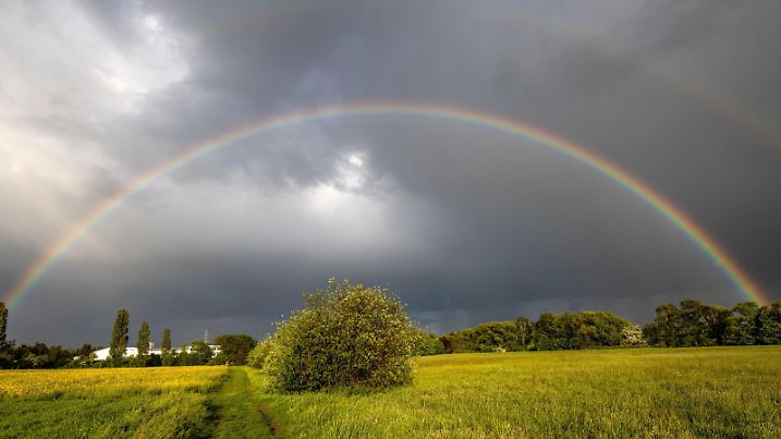 Regenbogen im Taunus 02.05.2020, Bad Homburg Hessen: Ein Regenbogen ist am Abend nach einem Schauer über den Feldern am Stadtrand von Bad Homburg zu sehen., Bad Homburg Deutschland *** Regenbogen im Taunus 02 05 2020, Bad Homburg Hessen A rainbow can be seen in the evening after a shower over the fields on the outskirts of Bad Homburg, Bad Homburg Germany