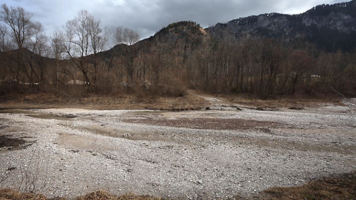 PRODUKTION - 23.02.2023, Bayern, Schwangau: Nur wenig Wasser führt der Gebirgsbach Pöllat. Angesichts der vielfach geringen Schneedecke in den Alpen und des regenarmen Februars droht laut Experten bald massive Trockenheit. (zu dpa: «Alarmierend wenig Schnee: Massive Trockenheit droht») Foto: Karl-Josef Hildenbrand/dpa +++ dpa-Bildfunk +++