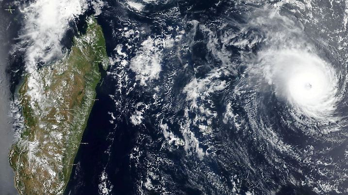 FILE PHOTO: Satellite imagery shows Tropical Cyclone Freddy approaching Madagascar in this undated satellite handout image obtained February 20, 2023. NASA Worldview/Handout via REUTERS THIS IMAGE HAS BEEN SUPPLIED BY A THIRD PARTY./File Photo