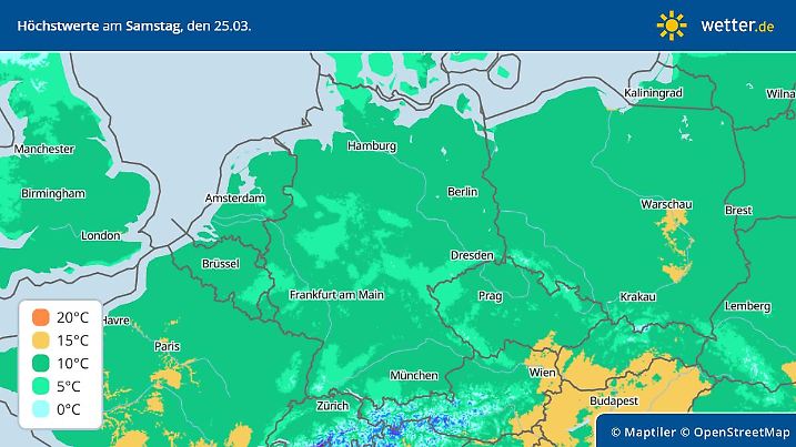 Prognose und Vorhersage Höchstwerte am Samstag, 25. März 2023