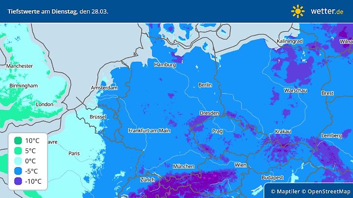 Vorhersage für die Tiefstwerte in der Nacht zum Dienstag, 28. März 2023