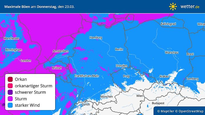 Die Grafik zeigt die maximalen Windböen am Donnerstag, 23.03.2023
