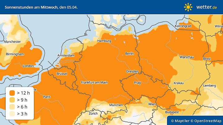 Prognose und Vorhersage der Sonnenstunden am 5. April 2023