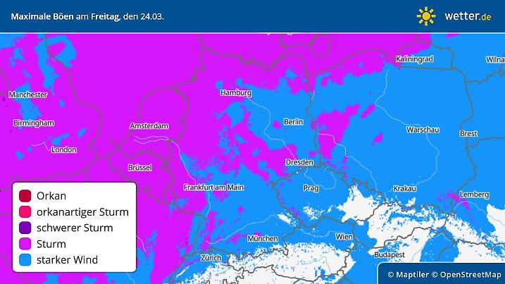 Die Grafik zeigt die maximalen Windböen am Freitag, 23.03.2023