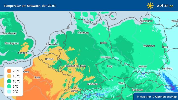 Temperaturhöchstwerte am Mittwoch, 29. März, in Deutschland