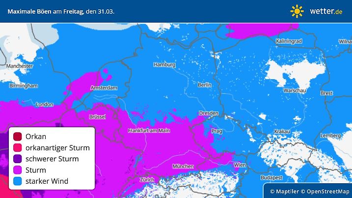 Windgeschwindigkeiten am Freitag, 31. März, in Deutschland