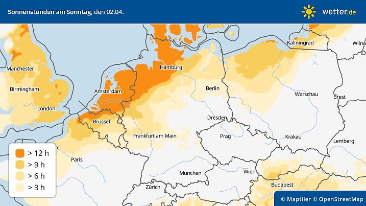 Vorhersage und Prognose Sonnenschein am Sonntag, 02. April 2023