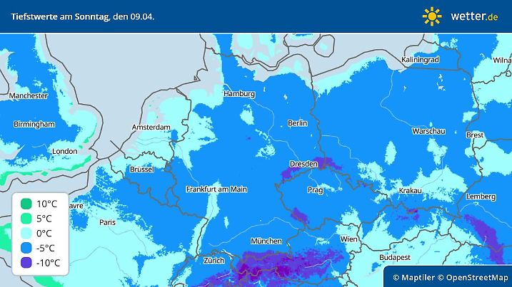 Vorhersage und Trend der Tiefstwerte zum Ostersonntag, 09. April 2023