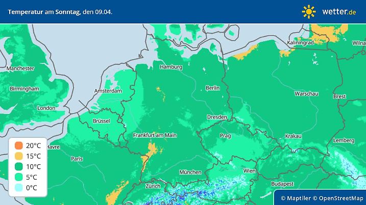 Die Grafik zeigt die höchsten Temperaturen am Sonntag, 09.04.2023