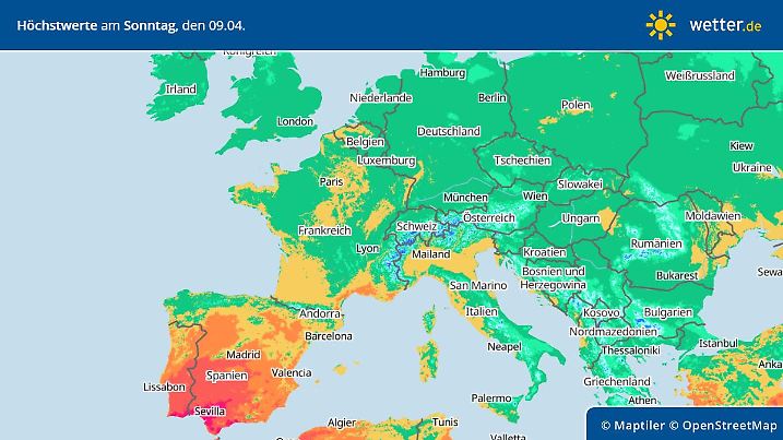 Prognose und Vorhersage: Höchstwerte Westeuropa am 9. April 2023