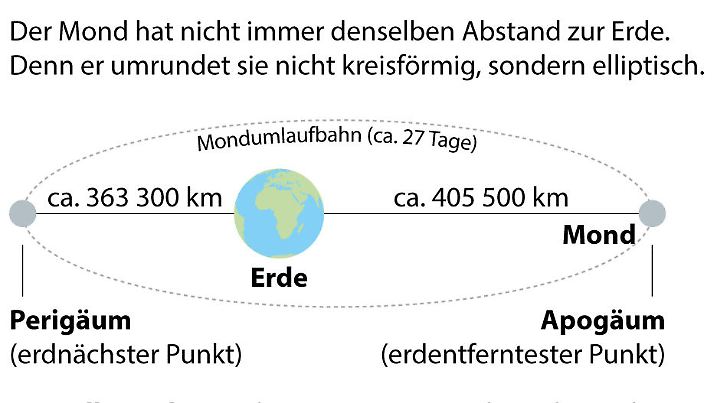 Gut 27 Tage braucht der Mond, um die Erde zu umrunden. Weil seine Umlaufbahn elliptisch verl‰uft, ist er in diesem Zeitraum einmal besonders weit weg von der Erde und einmal besonders nah an ihr dran. (Den vollst‰ndigen Text finden Sie nach dem Download der Hires-Vektor-Datei bzw. der Hires-Datei im PDF-Dokument.) Apog‰um und Perig‰um werden diese Mondpositionen genannt. Nur an wenigen Tagen im Jahr bemerken wir die Ferne oder N‰he des Mondes: Jeweils dann, wenn seine erdzugewandte Seite voll von der Sonne angestrahlt wird - er also ein Vollmond ist. Zwischen zwei Vollmonden vergehen rund 29 Tage, also zwei Tage mehr als der Mond braucht, um die Erde zu umrunden. Der Grund ist: W‰hrend der Mond die Erde umrundet, wandert diese weiter auf ihrer Umlaufbahn um die Sonne. Um denselben Winkel zu Sonne und Erde einzunehmen wie zuvor, muss der Mond noch ein St¸ck weiter wandern. Damit es zu einem Supermond oder einem Minimond kommt, m¸ssen Vollmond und Perig‰um - beziehungsweise Vollmond und Apog‰um - auf denselben Tag fallen. Ein Supermond erscheint uns besonders groﬂ und hell, w‰hrend ein Minimond etwas kleiner und dunkler wirkt. Mit bloﬂem Auge ist der Unterschied kaum zu erkennen, mit einer Kamera jedoch schon. Grafik: Dr. J¸rgen Reschke, Redaktion: Ginette Hauﬂmann, Datenerhebung: Stand August 2022