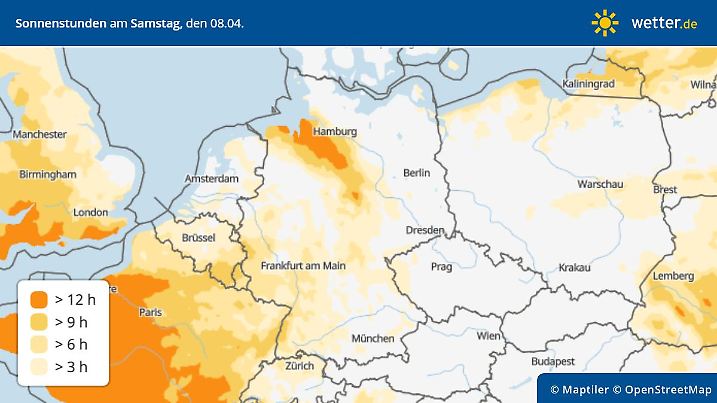 Sonnenscheindauer am Karsamstag, 8. April, in Deutschland