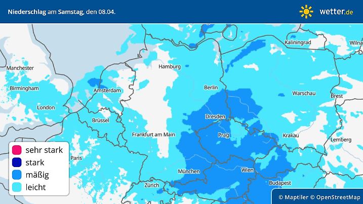 Die Grafik zeigt die Niederschläge am Samstag, 08.04.2023