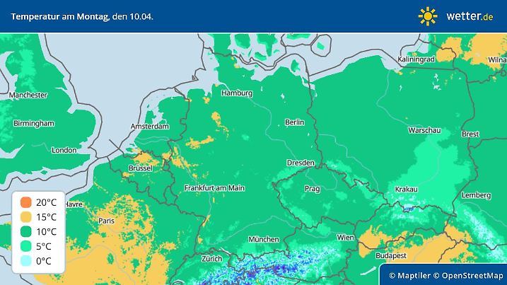 Die Grafik zeigt die Höchstwerte für Ostermontag am 10.04.2023