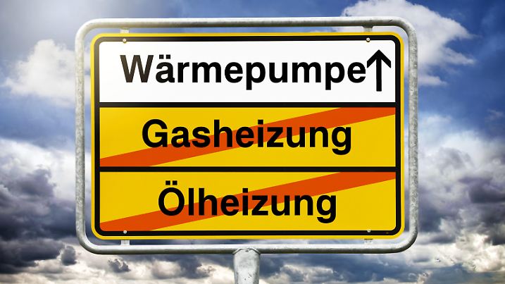 Ortsschild mit Aufschrift Wärmepumpe und durchgestrichener Aufschrift Ölheizung und Gasheizung / action press