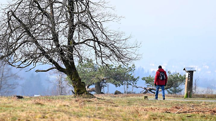 09.04.2023, Nordrhein-Westfalen, Winterberg: Ein Wanderer geht auf dem Kahlen Asten. Foto: Roberto Pfeil/dpa +++ dpa-Bildfunk +++