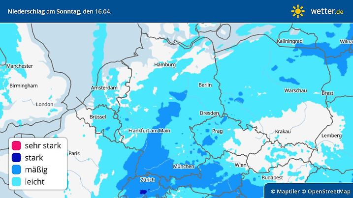 Die Niederschlagsverteilung am Sonntag: Es gibt nur wenige trockene Ecken.