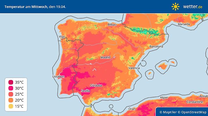 Die Karte zeigt die Temperaturen auf der Iberischen Halbinsel am Mittwoch.