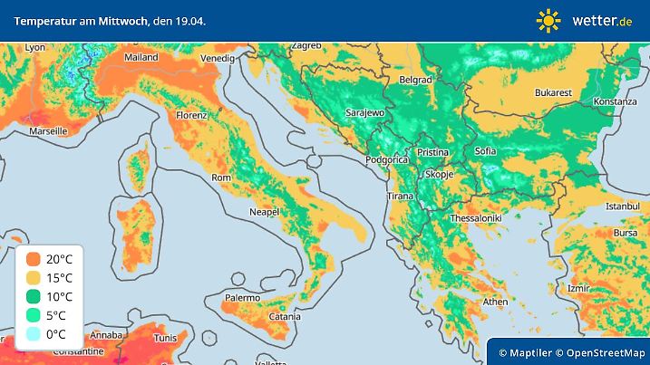 Die Temperaturverteilung in Südosteuropa.