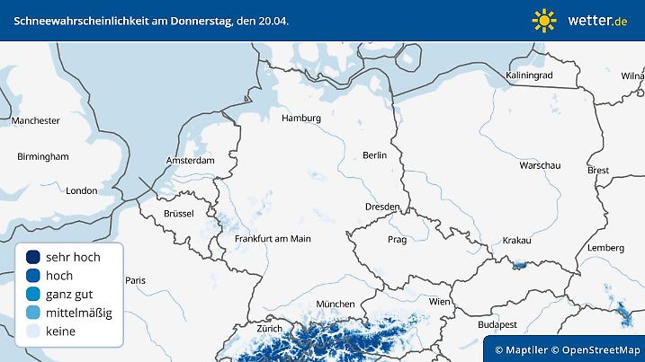 Prognose und Vorhersage für die Schneewahrscheinlichkeit in Deutschland am Donnerstag, 20. April 2023