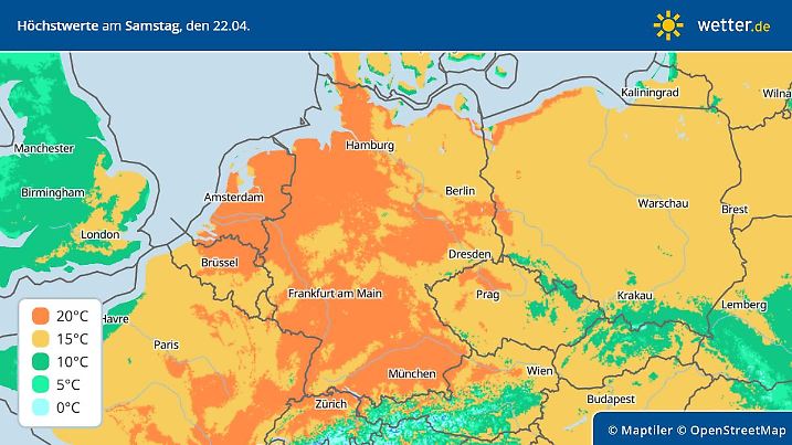 Prognose und Vorhersage für die Höchstwerte am Samstag, 22. April 2023