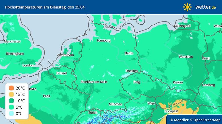 Die Grafik zeigt die Temperaturverteilung in Deutschland am Dienstag, den 25.4.2023.