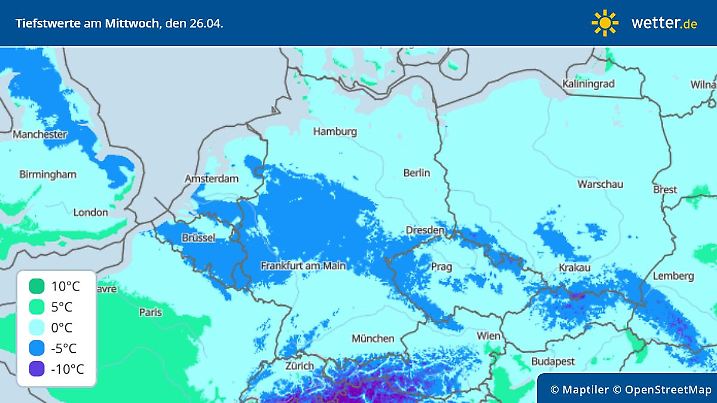 Prognose und Vorhersage Tiefstwerte am 26. April 2023 in Deutschland