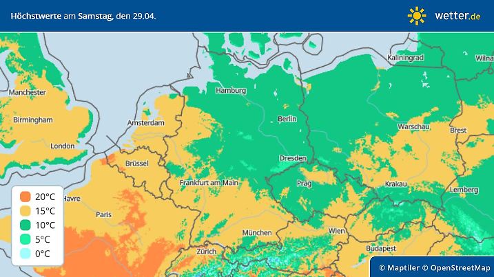 Prognose und Trend für die Höchstwerte am langen Wochenende - hier: Samstag, 29. April 2023