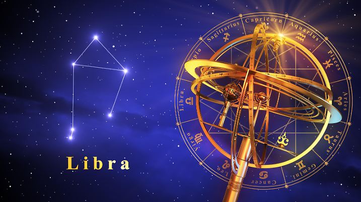 Armillary Sphere And Constellation Libra Over Blue Background. 3D Illustration.