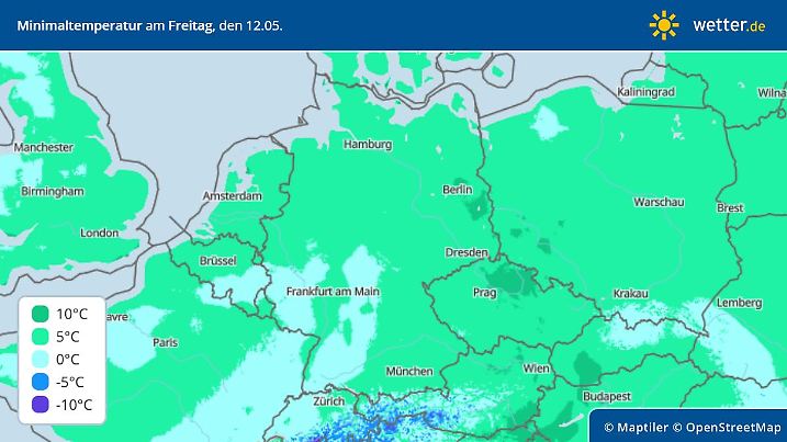 Tiefsttemperaturen am Freitag, 12. Mai, in Deutschland