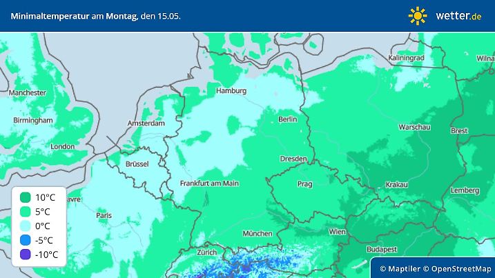 Tiefsttemperaturen zur Kalten Sophie am 15. Mai, in Deutschland