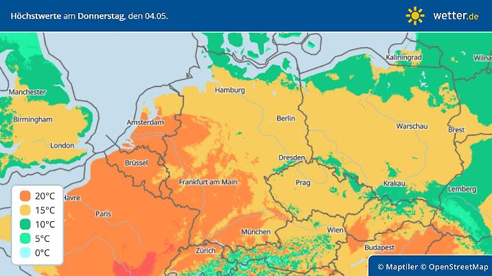 Vorhersage Höchstwerte am 4. Mai 2023 - das Potenzial für den wärmsten Tag des Jahres ist da