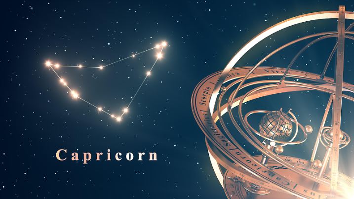 Zodiac Constellation Capricorn And Armillary Sphere Over Blue Background. 3D Illustration.