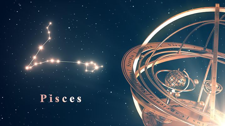 Zodiac Constellation Pisces And Armillary Sphere Over Blue Background. 3D Illustration.