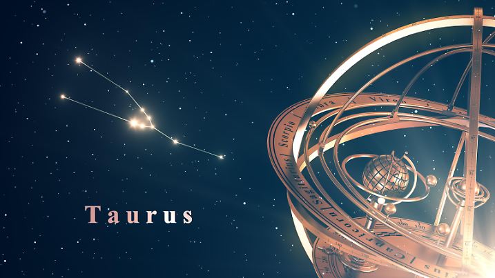 Zodiac Constellation Taurus And Armillary Sphere Over Blue Background. 3D Illustration.