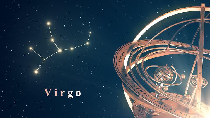 Zodiac Constellation Virgo And Armillary Sphere Over Blue Background. 3D Illustration.