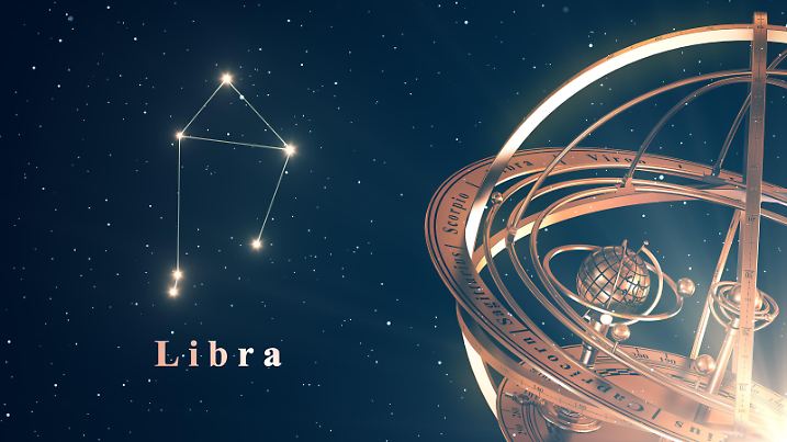 Zodiac Constellation Libra And Armillary Sphere Over Blue Background. 3D Illustration.