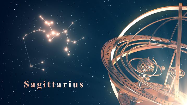 Zodiac Constellation Sagittarius And Armillary Sphere Over Blue Background. 3D Illustration.