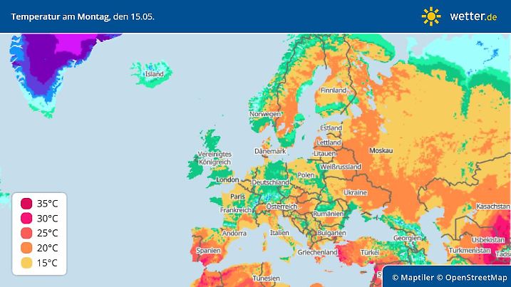 Temperaturhöchstwerte am Montag, 15. Mai, in Europa