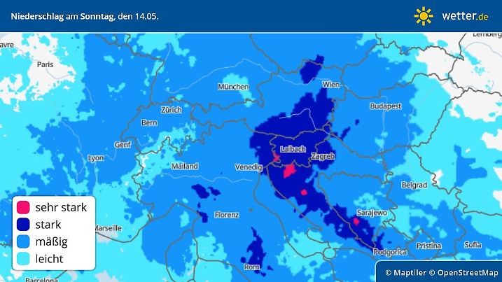 Prognose und Vorhersage für den Regen am 14. Mai 2023
